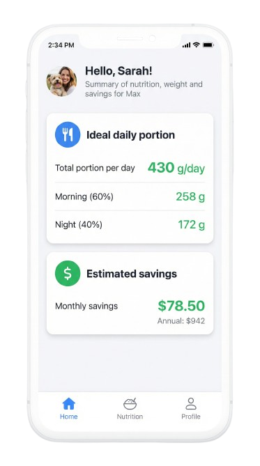 NutriScorePet dashboard showing daily portion calculator and estimated monthly savings