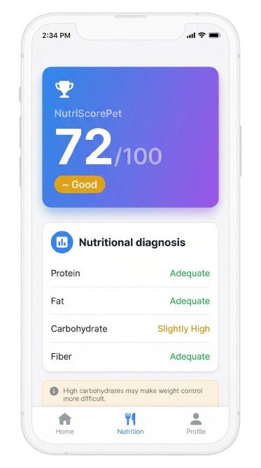 Nutrition score of 72/100 with detailed nutritional diagnosis showing protein, fat, carbohydrate and fiber levels