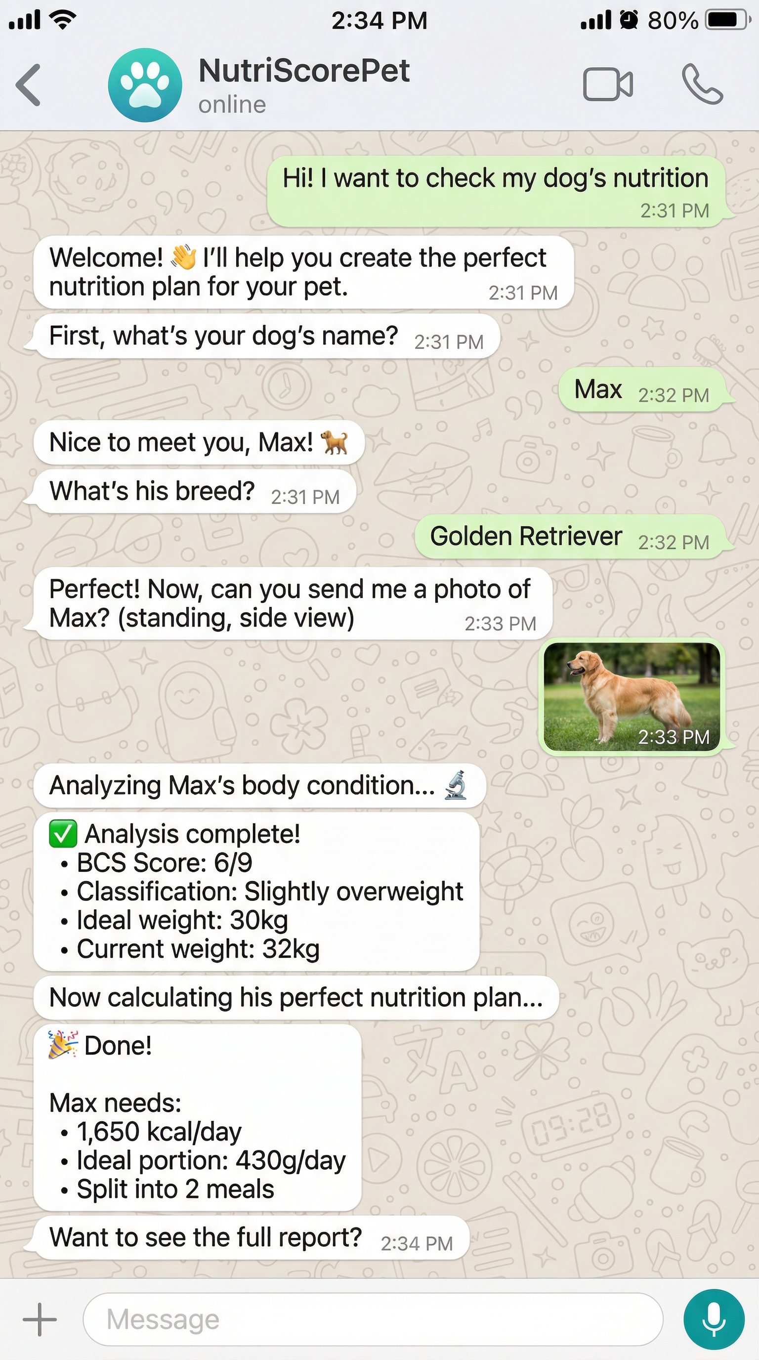 NutriScorePet WhatsApp conversation showing automated dog nutrition analysis